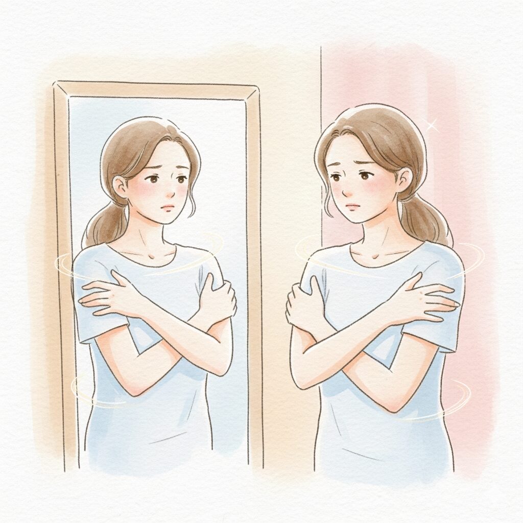 鏡の前に立つ女性のイラスト。肩や胸に力が入り、呼吸が浅く体がこわばった様子で、自分の体を抱えるように見つめている。体の周りには柔らかい光のラインで血流やリンパの巡りの滞りを表現。淡いピンク・ベージュの背景に温かい光が差し込み、内省的でやさしい雰囲気。