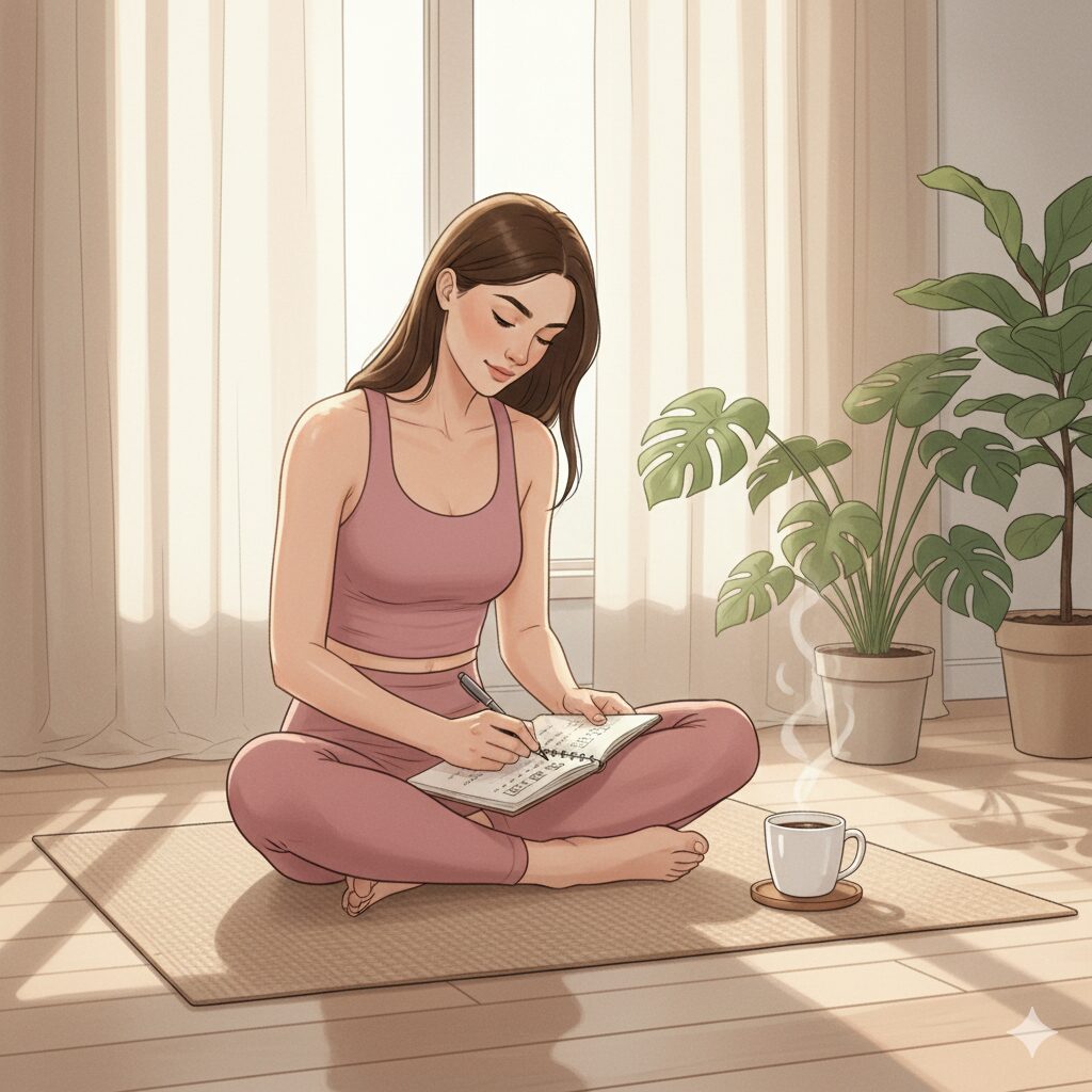 11月のダイエット記録をつける女性。筋トレや食事、体の変化を綴るライフログ風イラスト