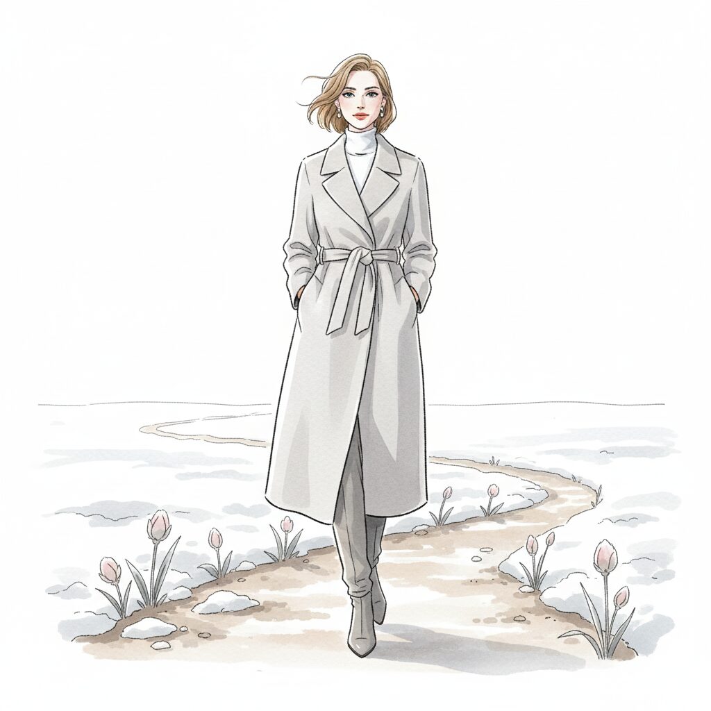 明るい日差しの中、コートを羽織って外を歩く女性。清々しい空気の中、「過去の自分を超えた今」を象徴するイラスト。