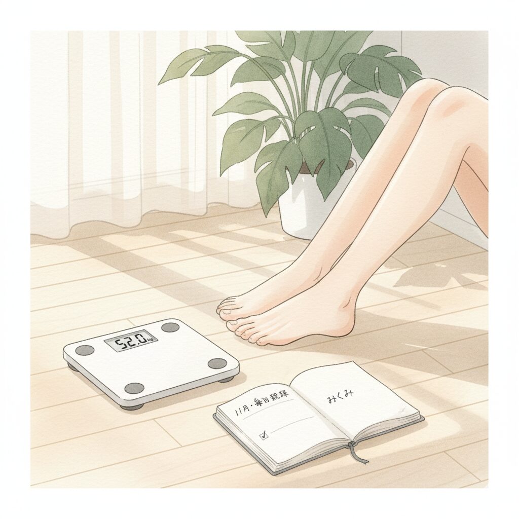 11月のダイエット5日目の記録をイメージしたイラスト。52.0kgと表示された体重計と、むくみのメモが書かれた日記帳、脚を伸ばして休む女性の足元が描かれている。