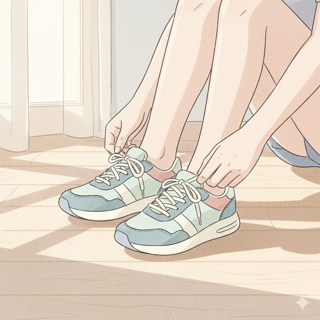 合わない靴による足の歪みやむくみを改善するために、若い女性がサポート力の高いスニーカーの靴紐を結んでいる様子を描いたパステルイラスト