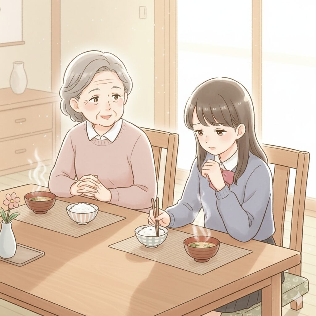 おばあちゃんと孫が食卓を囲むシーン。ダイエットで食べられなかった過去を思い出す女性の心情を描いたイラスト。