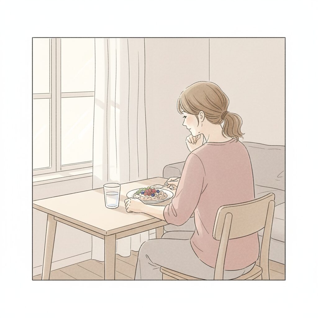 食生活や生活習慣を見直す女性のイラスト。 柔らかいパステルカラーで、朝の光が差し込むリビングで前向きに自分と向き合う様子。
