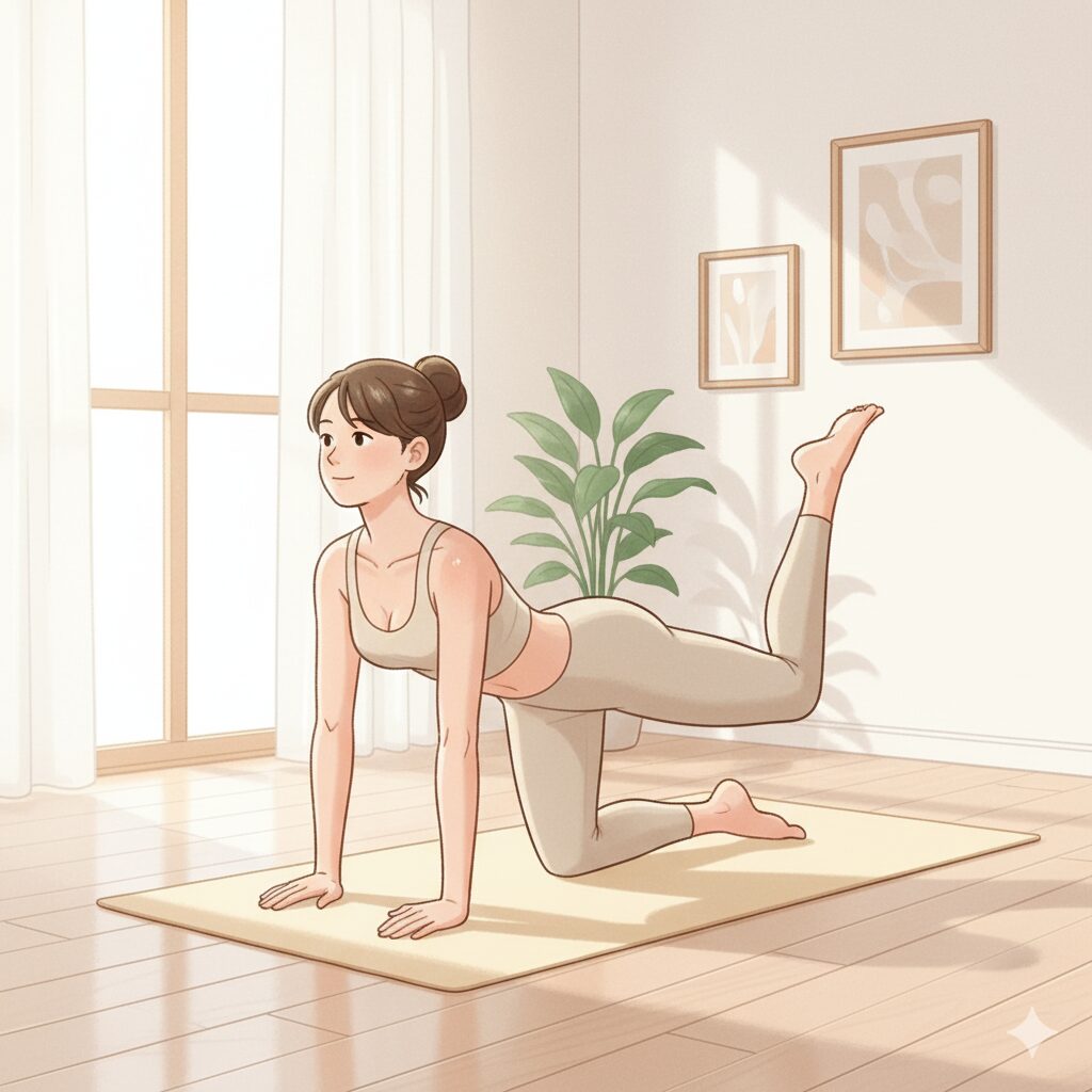 自宅でヒップトレーニングをする女性のイラスト。お尻の筋肉を意識した動きで、健康的な体をサポート