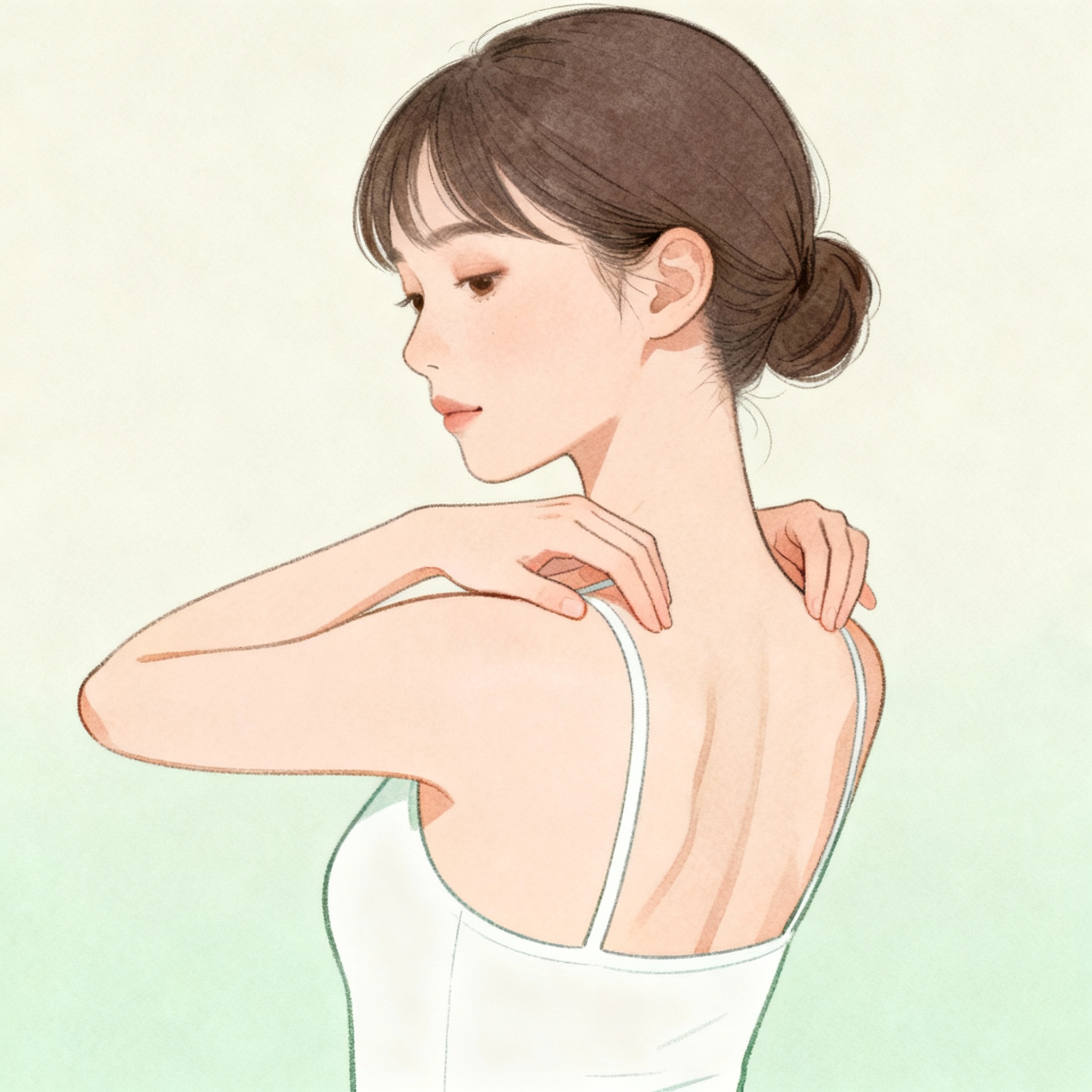 巻き肩を改善するために肩・腕・肩甲骨の連動を整える女性の姿勢イラスト