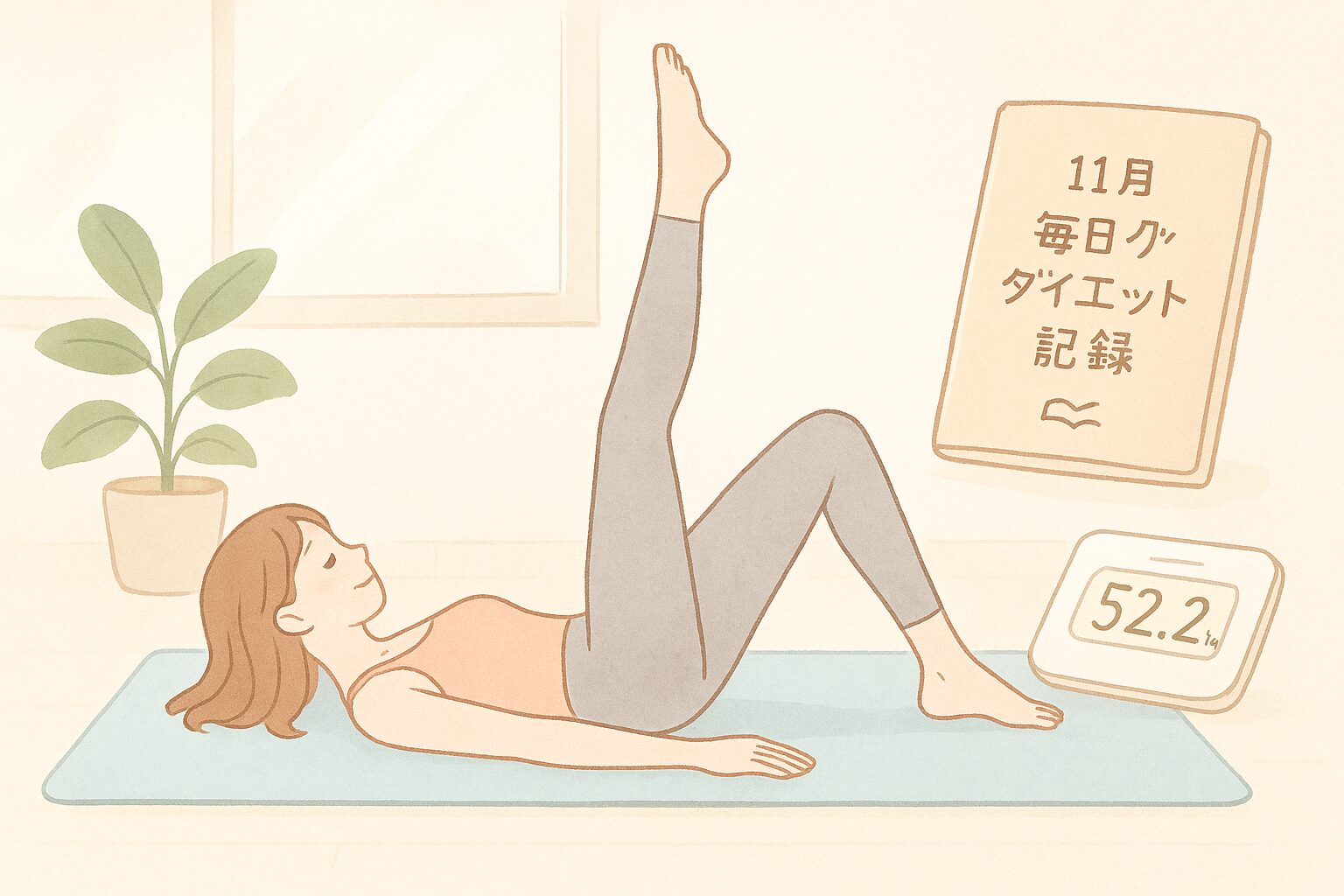 足パカ運動をする女性のイラスト。膝まわりの引き締まりを意識したダイエット6日目の記録で、体重52.2kgを示す体重計と11月の毎日ダイエット日記が描かれている