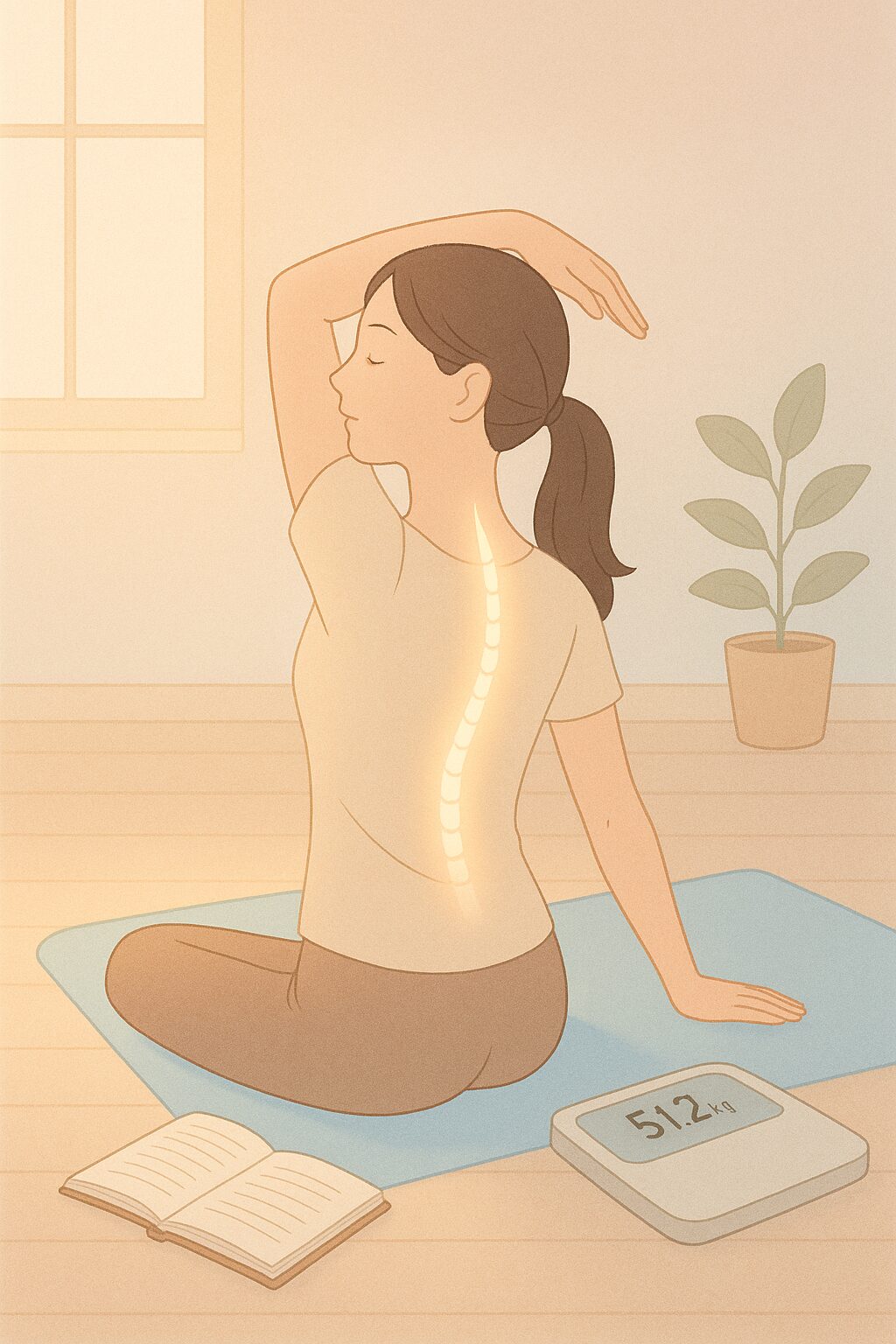 ヨガマットの上で背骨を伸ばしストレッチする女性のパステル調イラスト。背中に光のラインが入り、横にダイエット日記帳と体重計が置かれた室内シーン。