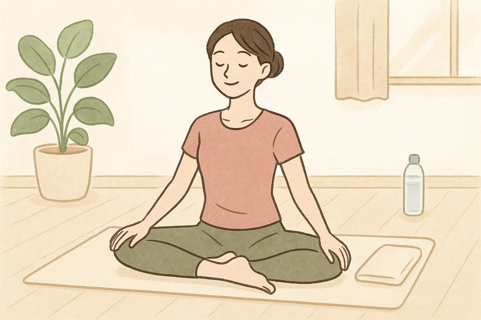 足の可動域を広げる内ももストレッチを行う女性のイラスト