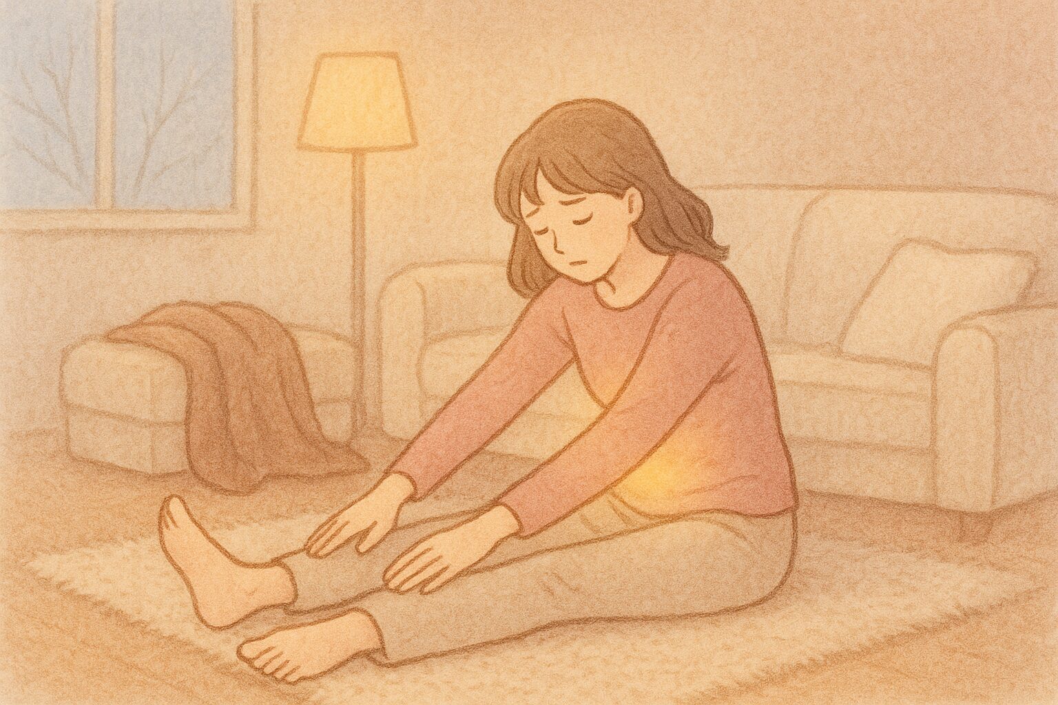 冬の室内で女性が軽くストレッチをしているイラスト。疲れ気味の表情で前屈し、お腹まわりに温かい光がある。生理中のだるさや冷えケアをイメージしたパステル調の手描き風。