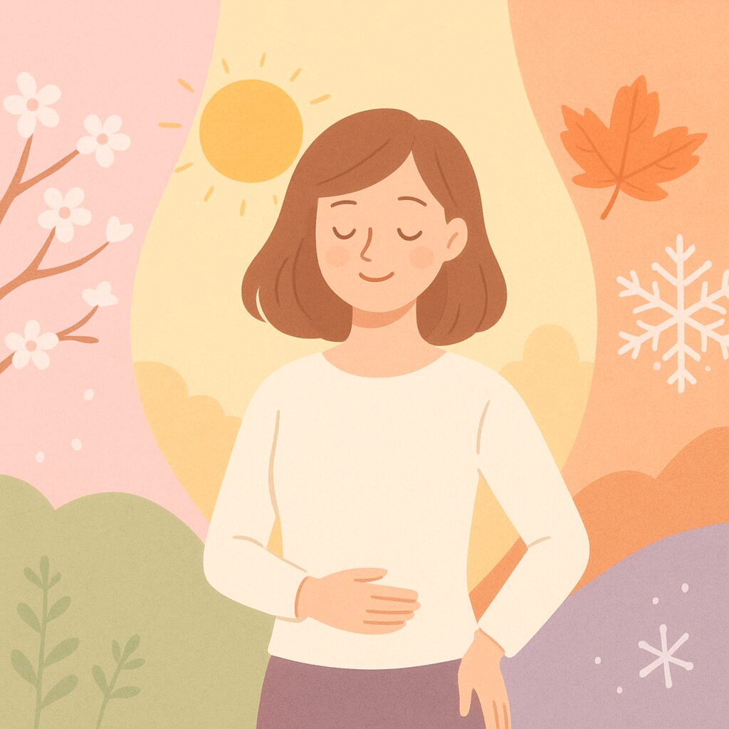 季節ごとに変化する女性の体とダイエットをイメージした北欧風イラスト。春夏秋冬の自然と健康的な女性をやさしく描いている。