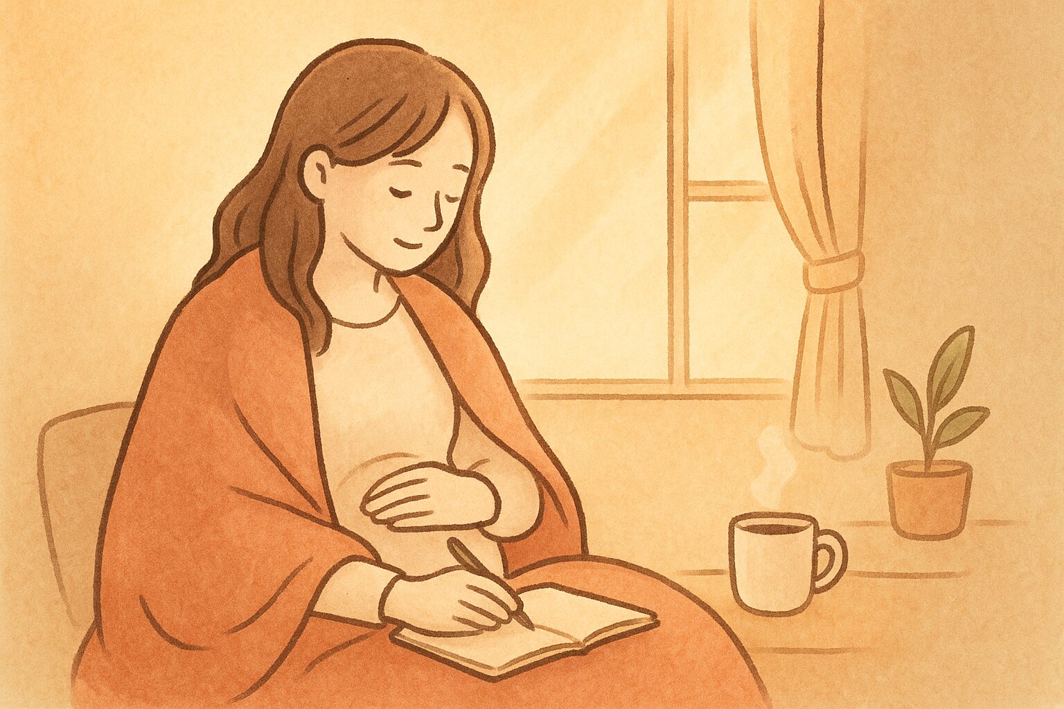暖色の光に包まれ、ブランケットにくるまりながら日記を書く女性の手描き風イラスト。生理中の体調ケアやダイエット記録をイメージした優しい雰囲気。