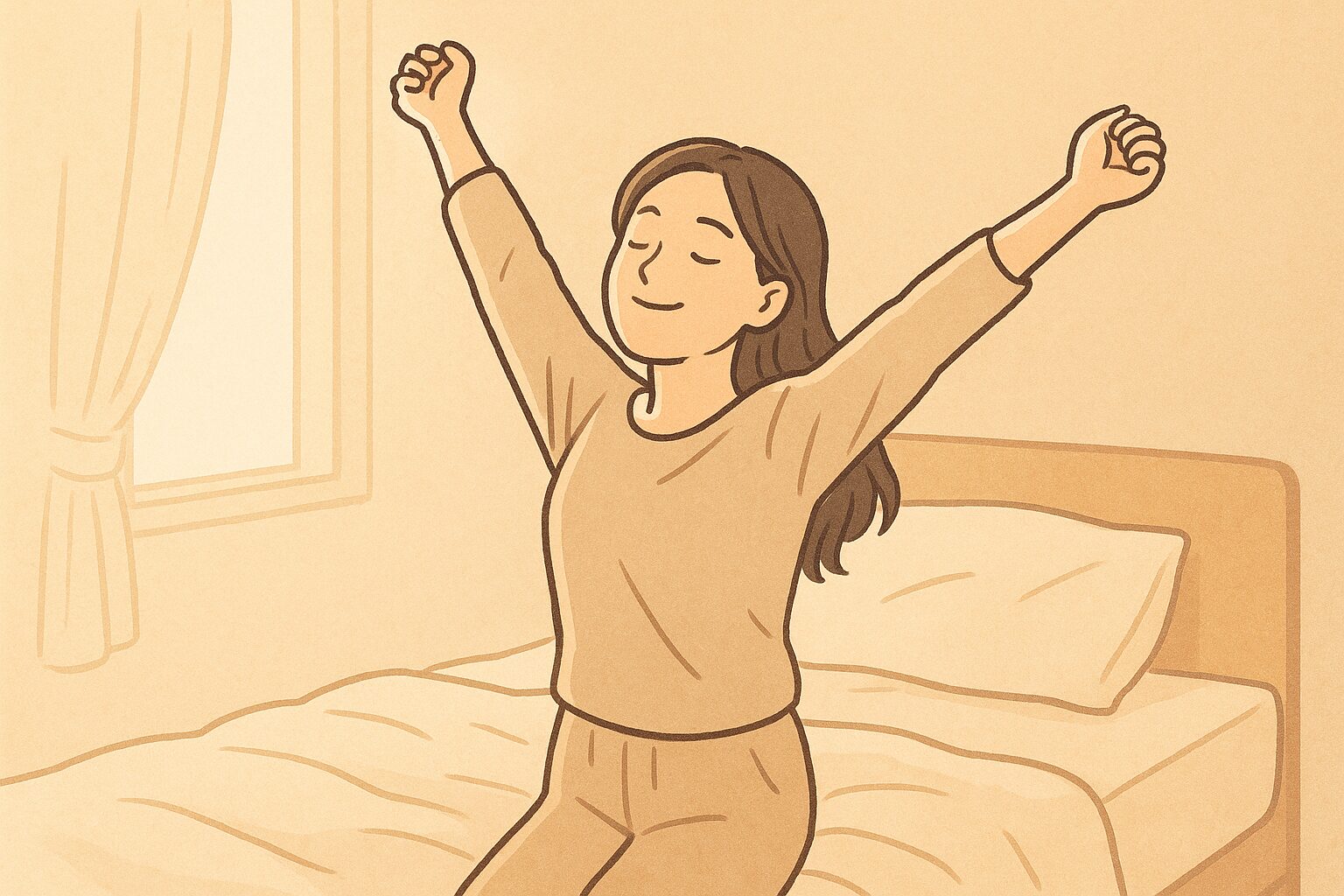 朝の光が差し込む寝室で、ベッドの上で背伸びをして気持ちよさそうに目覚める女性のイラスト。 ダイエットで体が軽くなり、心も整っている様子を表現。