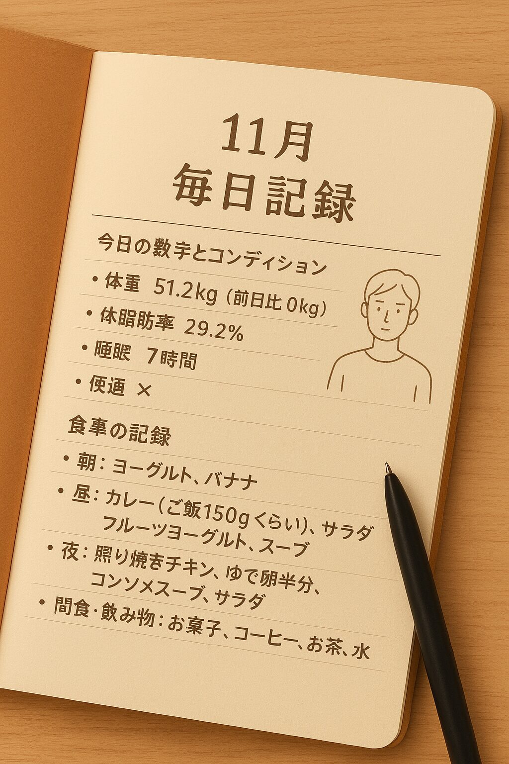 「11月の毎日記録として、体重・体脂肪率・睡眠・食事内容をシンプルに書き込んだノートの上からの写真」