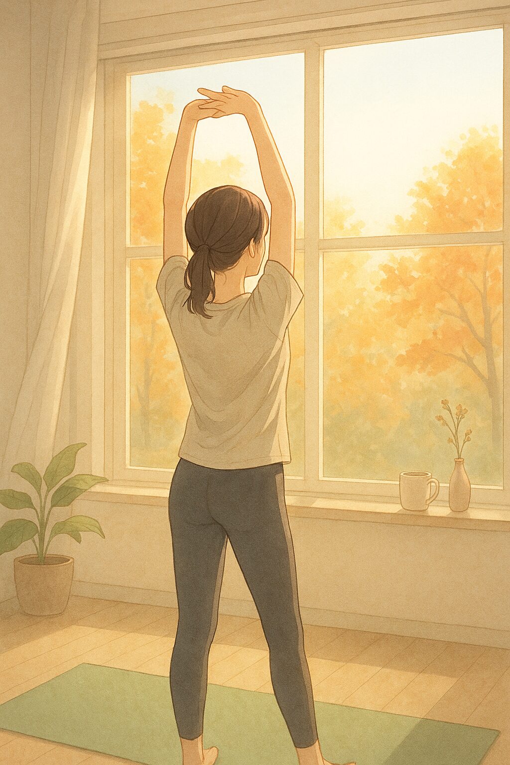 秋の朝、窓辺でストレッチをする女性の後ろ姿。柔らかな朝日が差し込み、清々しい空気の中で体を伸ばしている。
