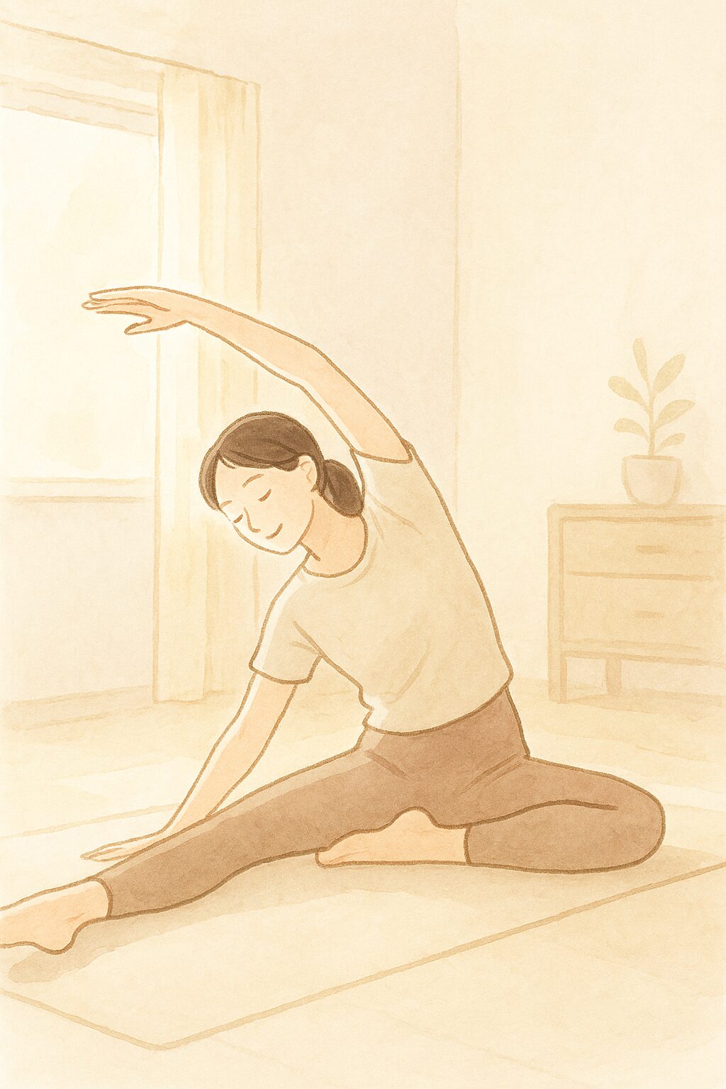 朝の光の中でストレッチをする女性。皮下脂肪の硬さをやわらげ、体を整える様子。