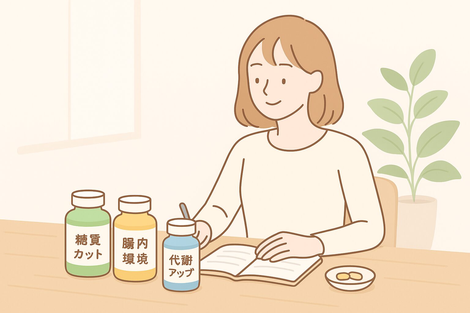 ダイエットサプリを手にしながら日記に記録する女性のイラスト。糖質カット、腸内環境、代謝アップのサプリが並ぶシンプルなナチュラルデザイン。