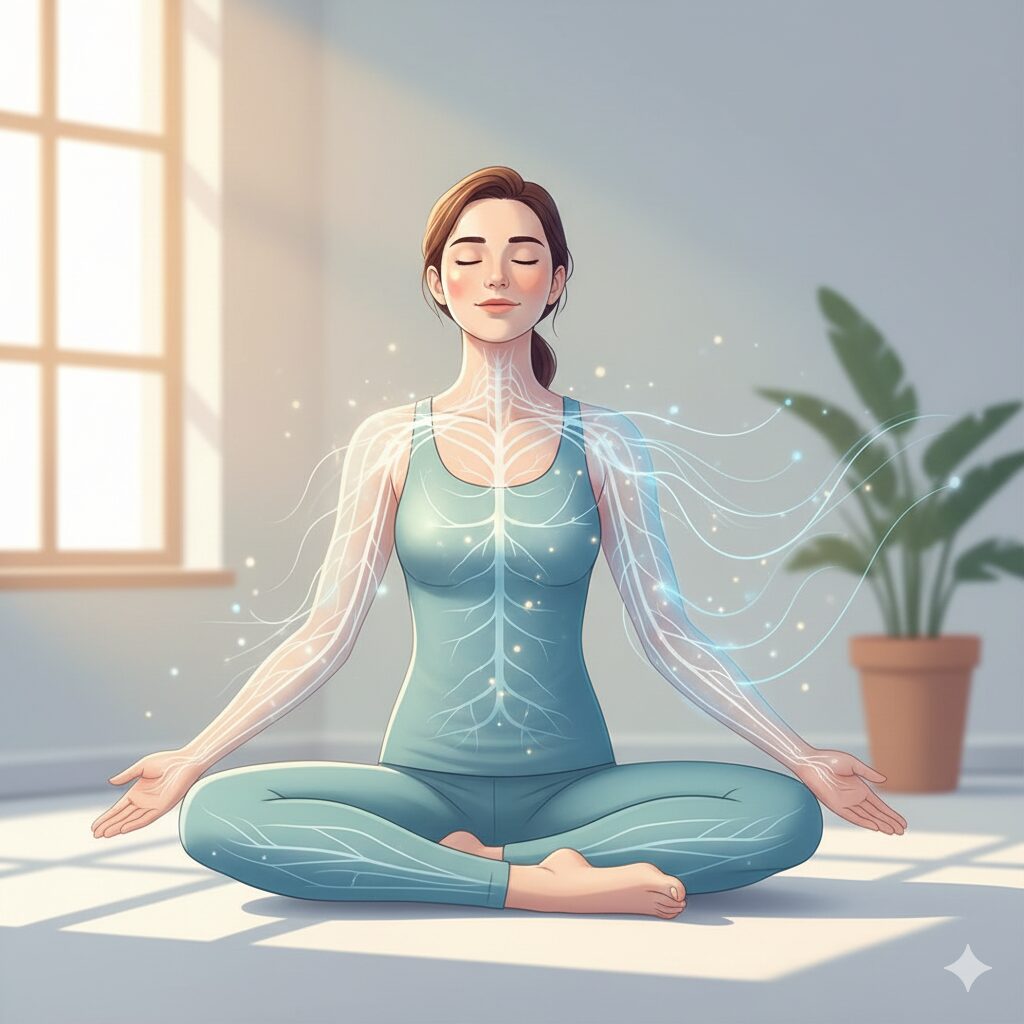 深呼吸しながらストレッチを行い、神経の緊張がゆるむ様子を表現したイラスト