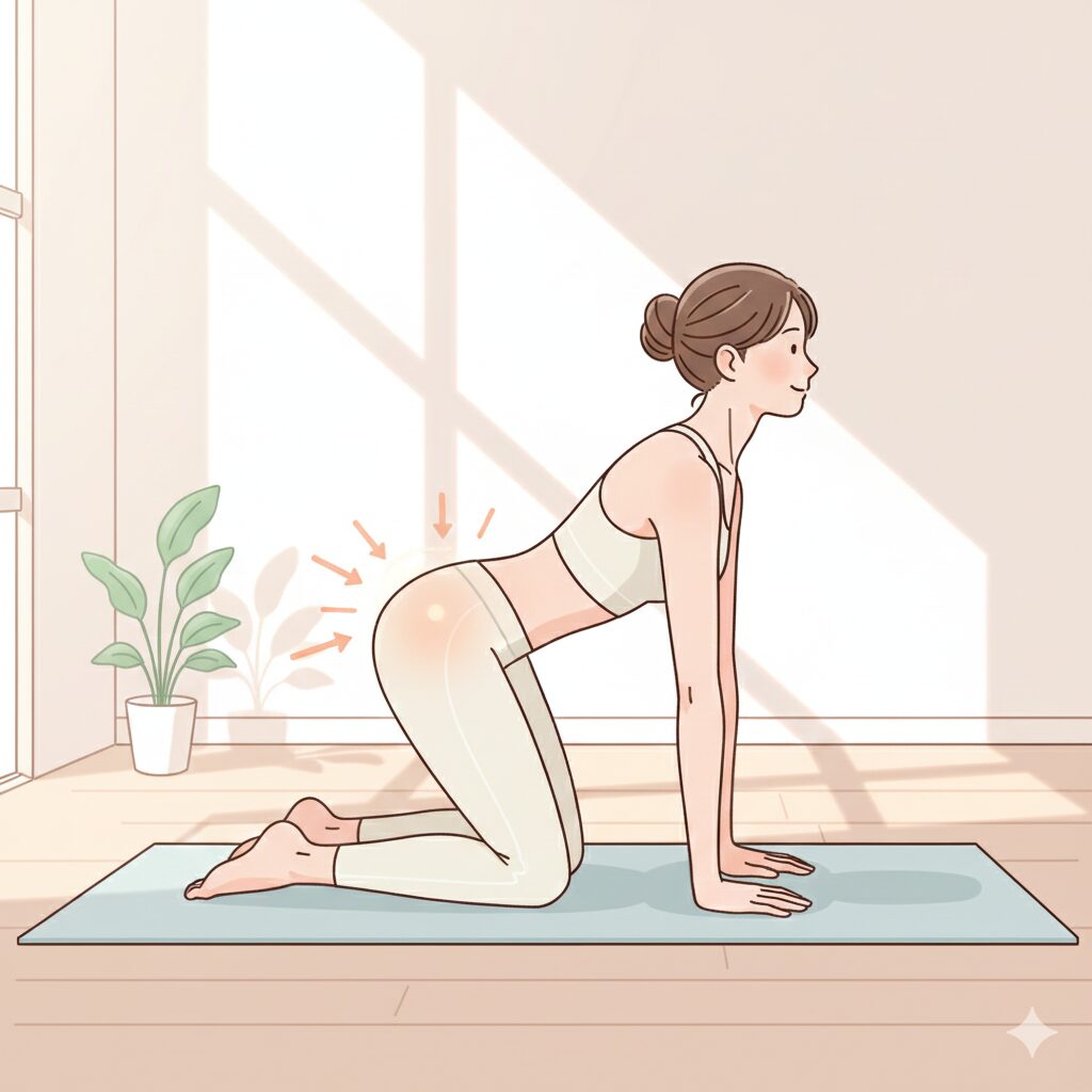 ストレッチ後にお尻や体幹を使って体を動かす準備をしている女性のイラスト