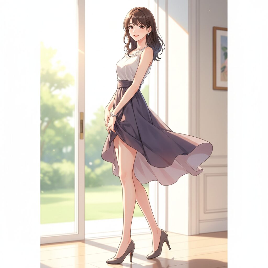 フェミニンな雰囲気の女性モデルが、スカートとヒールを身にまとい、しなやかで長い美脚を美しく見せて立っているイラスト