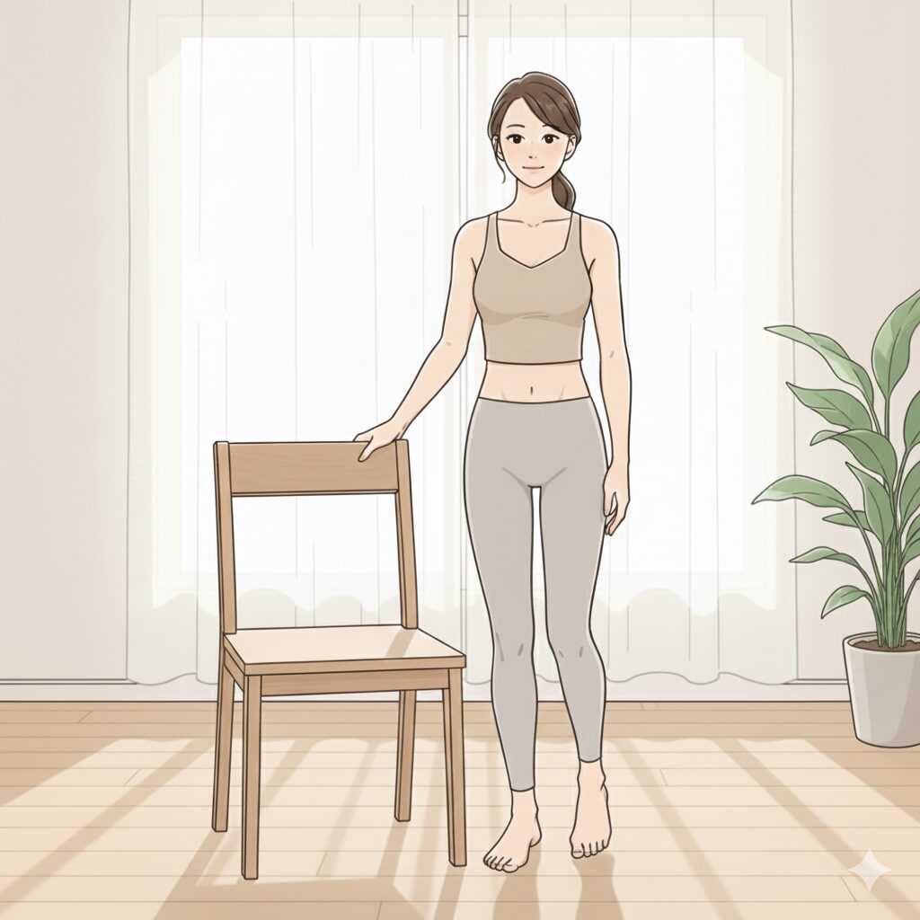 30代の日本人女性が椅子や壁につかまり、体をまっすぐ保ったまま立位ヒップアブダクションを行い中臀筋を鍛えているイラスト