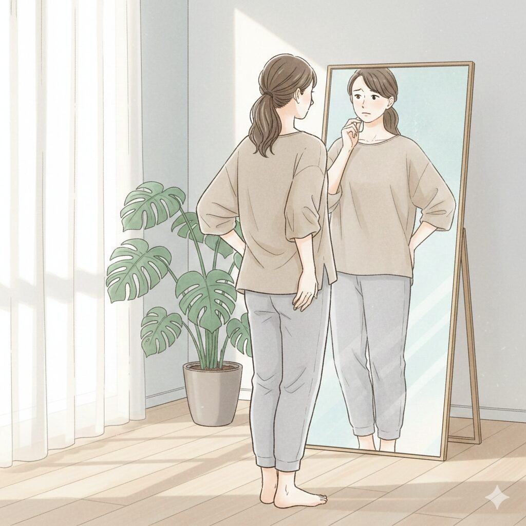 鏡の前で自分の体を見つめ、お尻の筋力が落ちていることに気づき悩んでいる30代日本人女性のイラスト