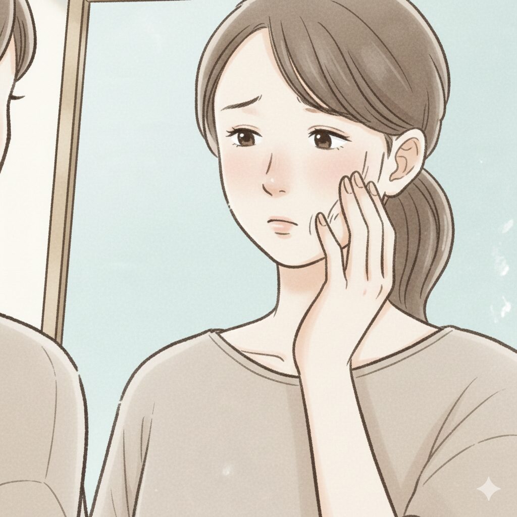 鏡を見ながら食事制限によって顔が少し痩けたことに気づき、違和感を覚えている30代日本人女性のイラスト