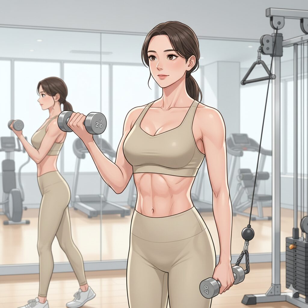 ジムでトレーニングをする、くびれのある健康的な体型の女性のイラスト