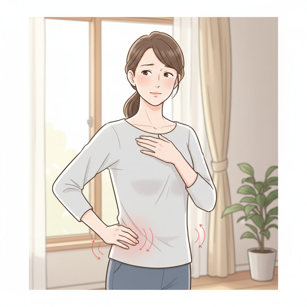 日常の姿勢で硬くなった筋肉（胸・股関節）に手を当てている女性のイラスト