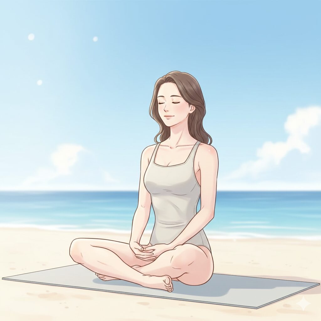 浜辺で水着姿の女性がヨガマットの上でリラックスしながらポーズをとり、上半身と下半身がしなやかにつながっている様子