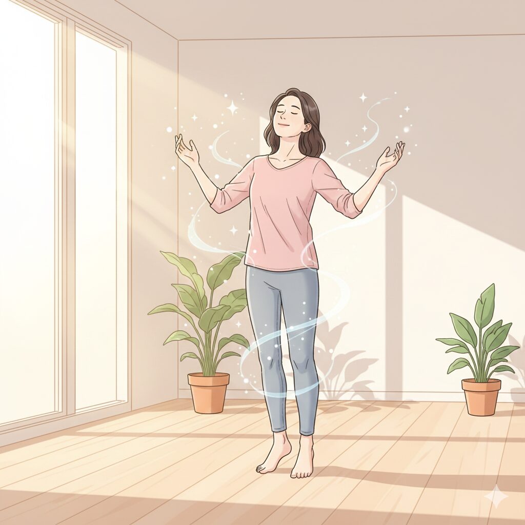 ストレッチ後に体が軽くなり、リラックスした表情の女性のイラスト