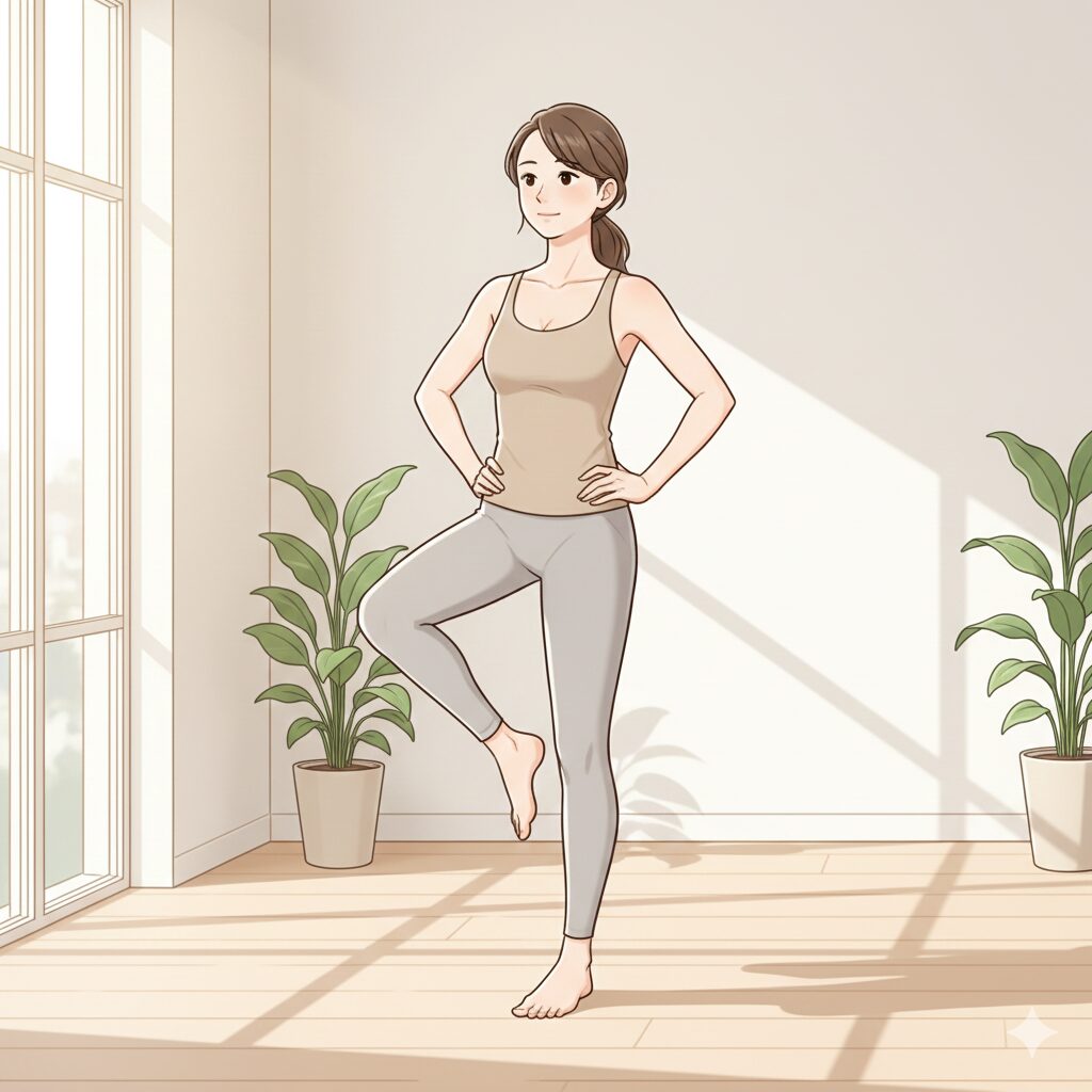 片脚立ちでバランスを取り、骨盤を傾けずに中臀筋を意識している30代日本人女性のイラスト